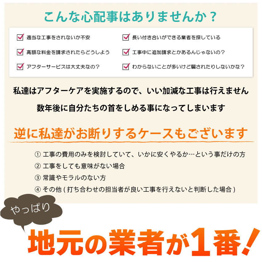 私達はアフターケアを実施するので、いい加減な工事は行えません。半年後に自分達の首をしめる事になってしまいます。